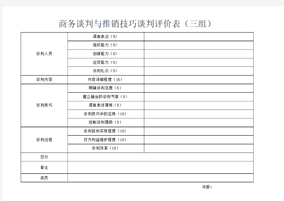 商务谈判评分表模板