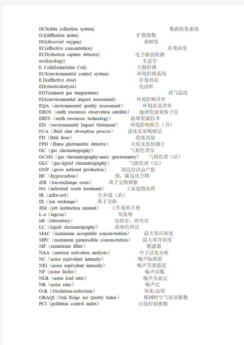 环境科学常用词汇英文缩写英汉对照