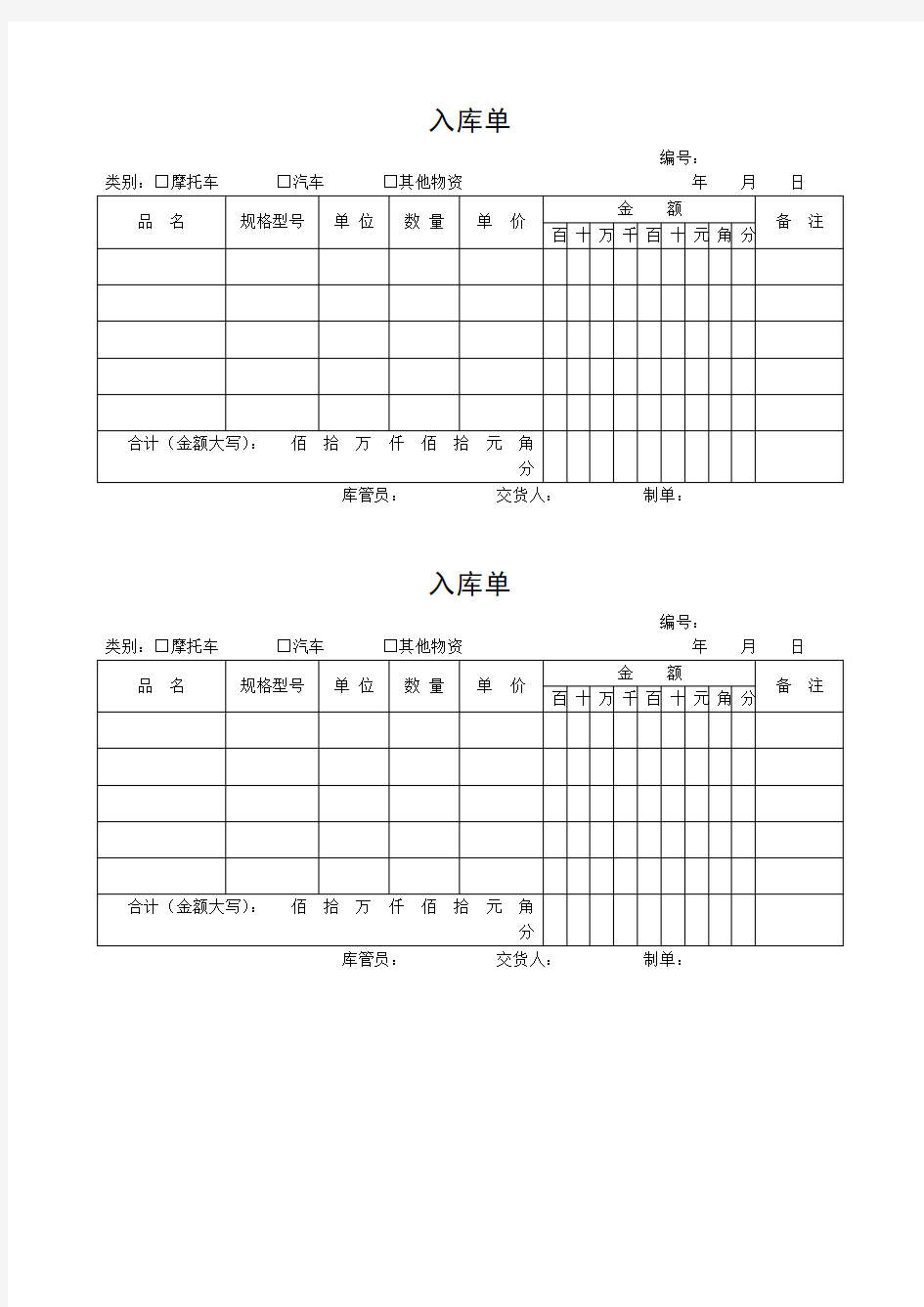 仓库管理表格大全