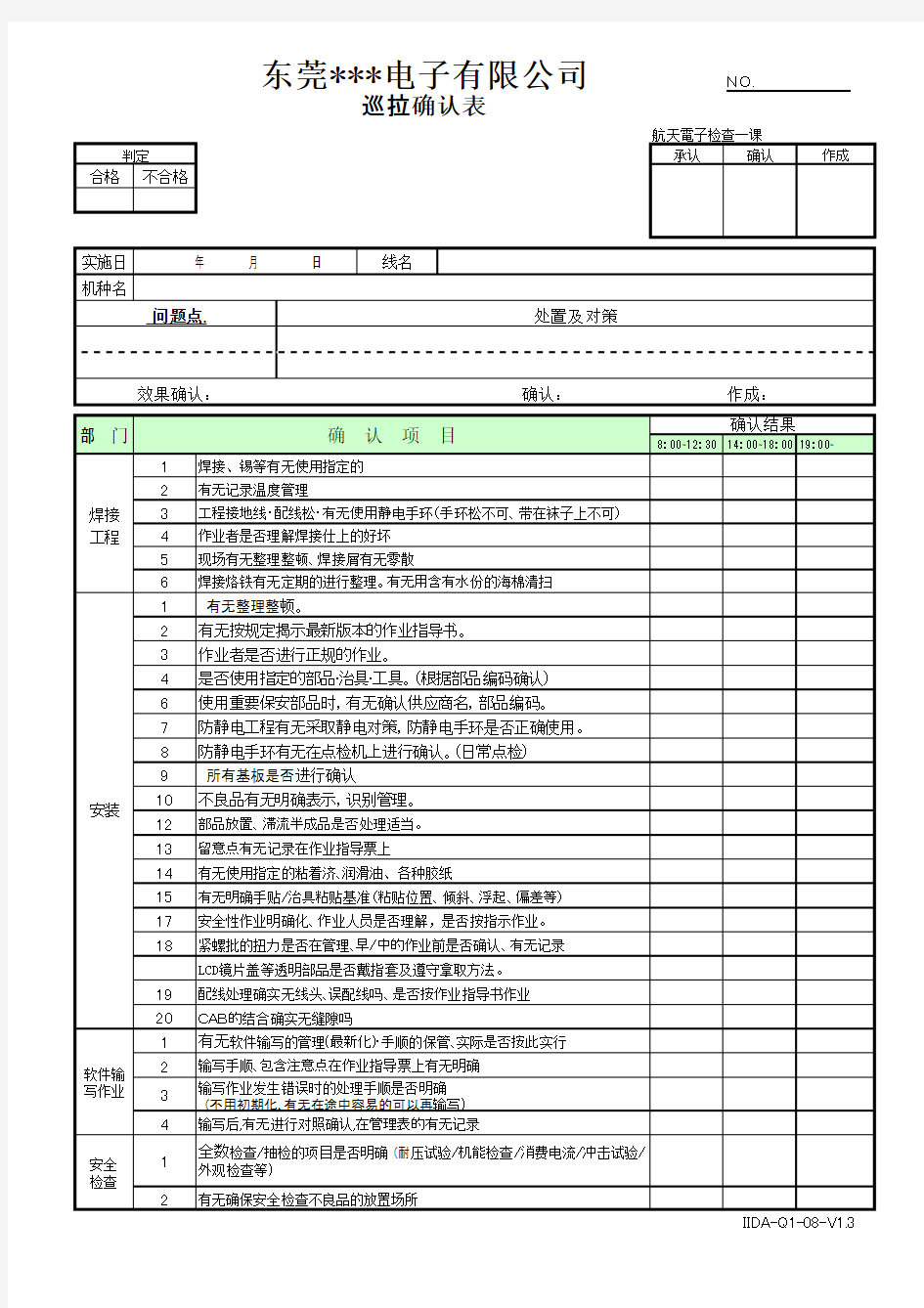 IPQC巡拉确认表(电子行业)