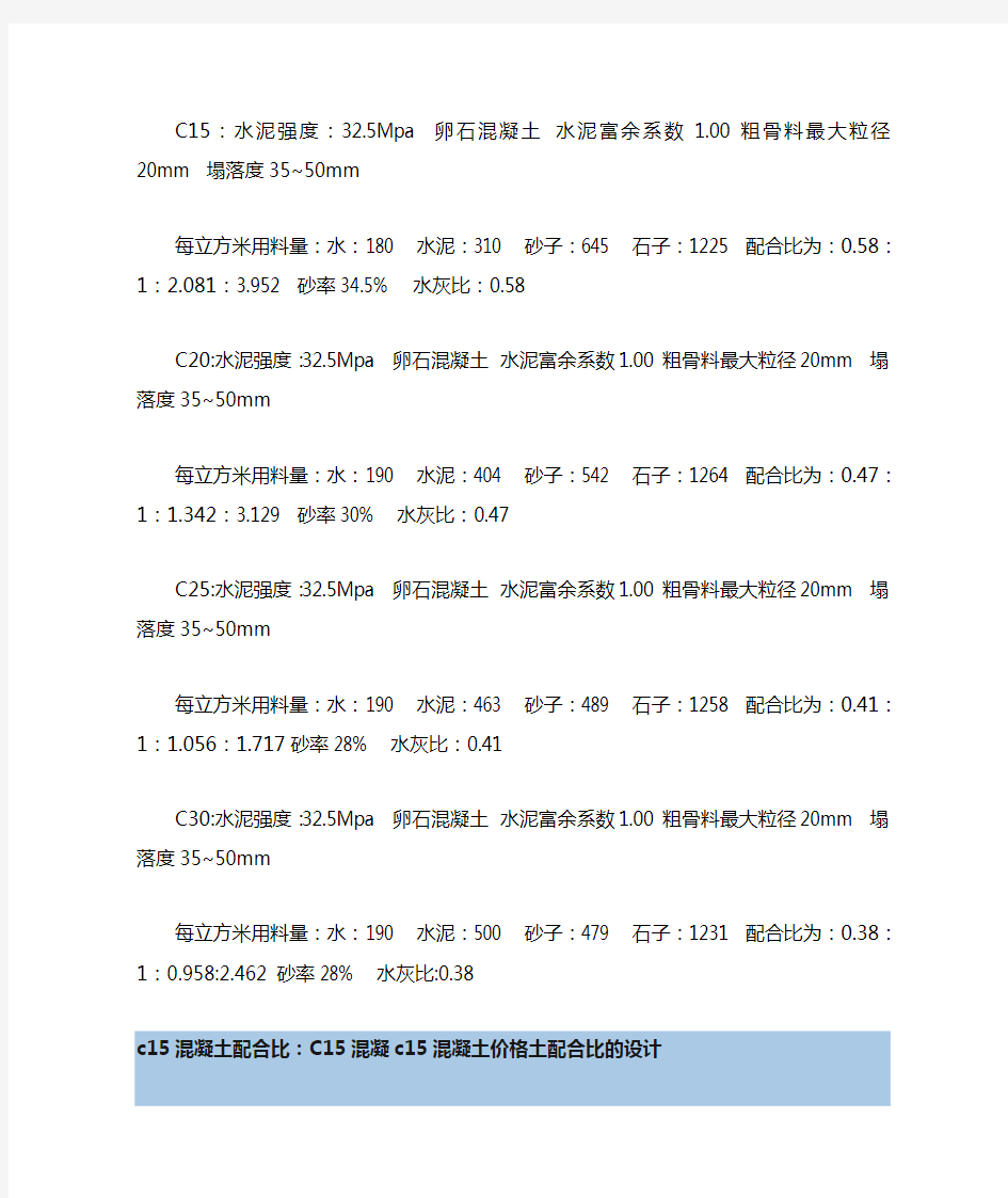 建筑工程常用混凝土配合比