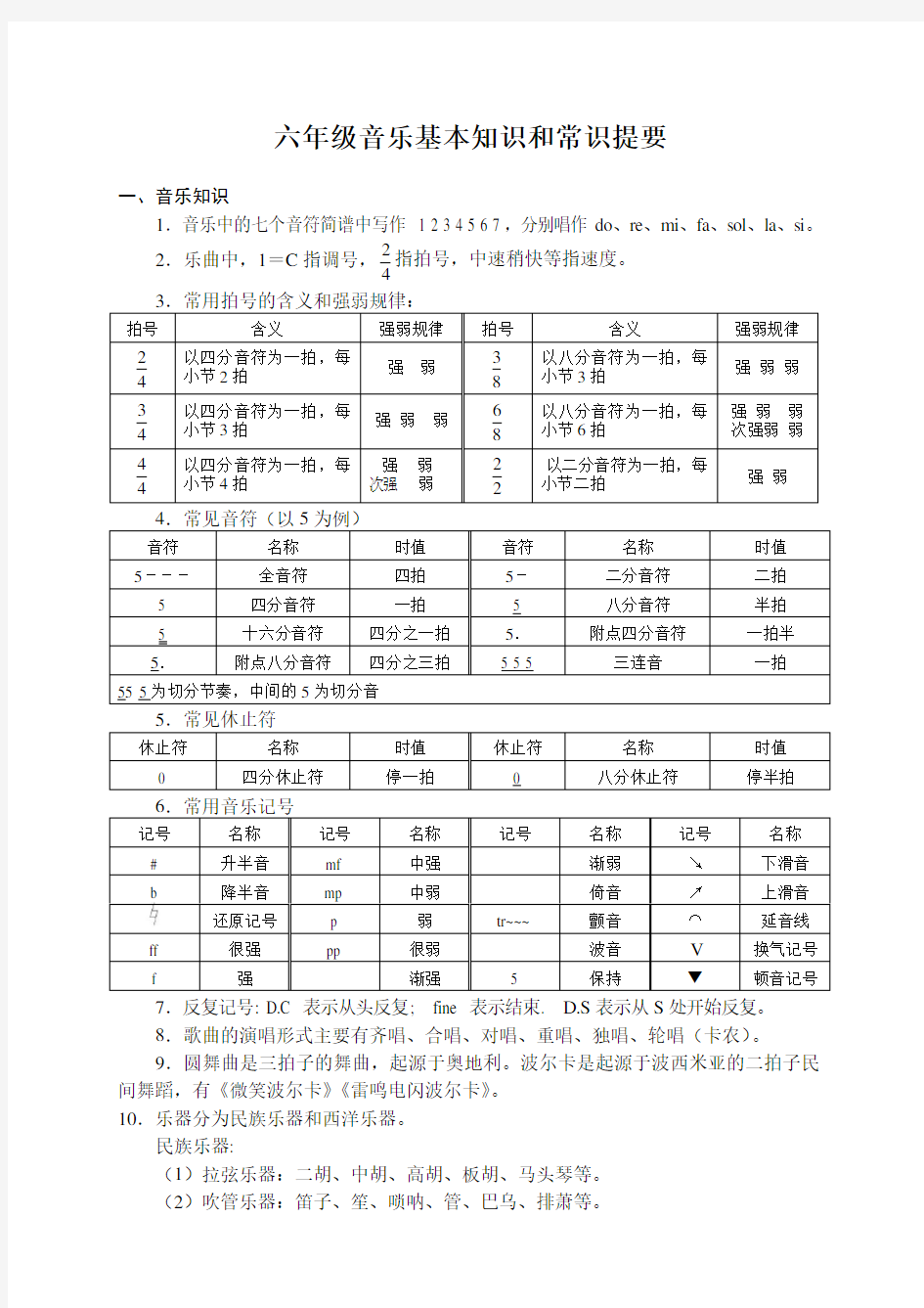 六年级《音乐》知识点