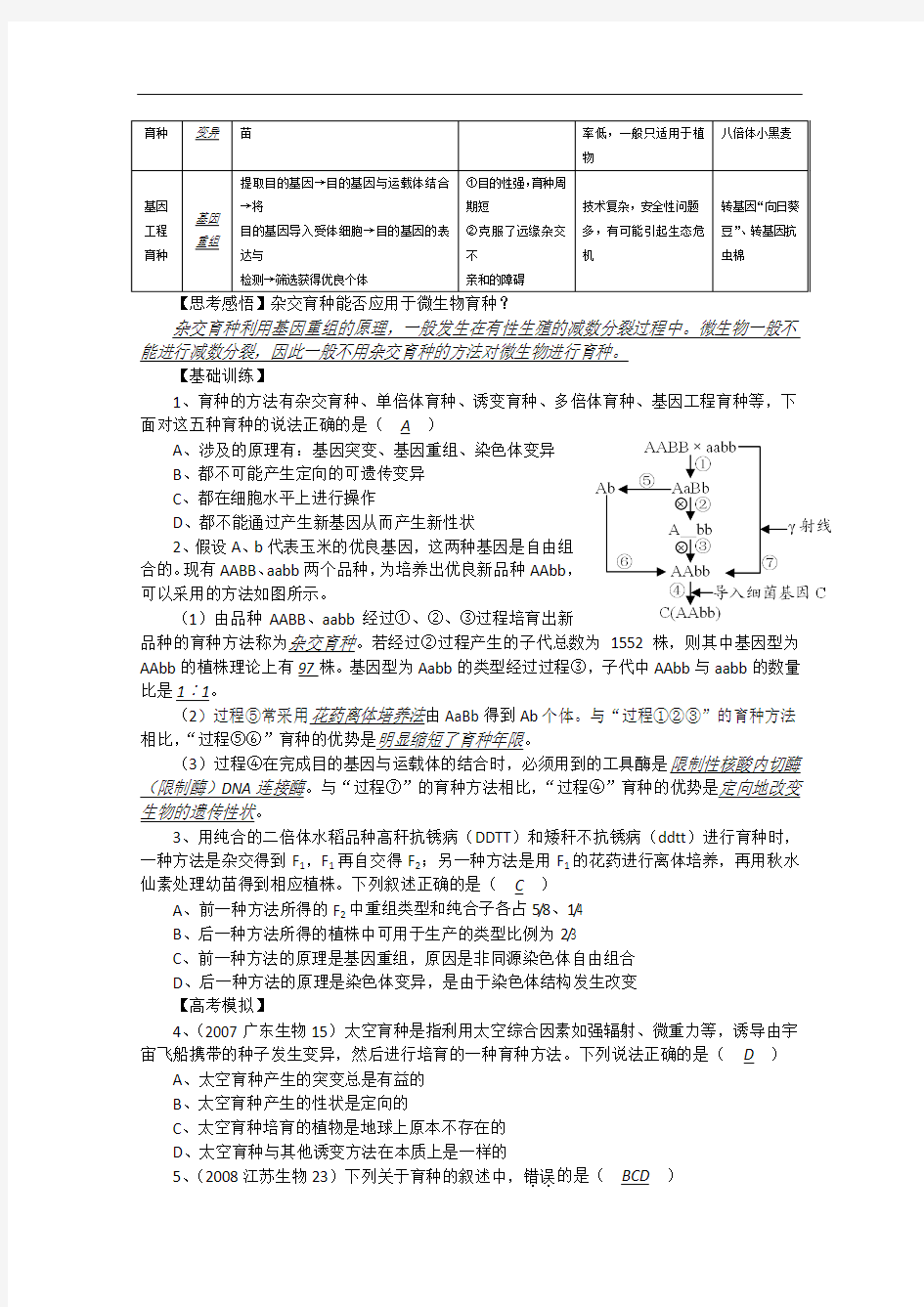 高中生物复习精讲精练(课题57)：生物育种