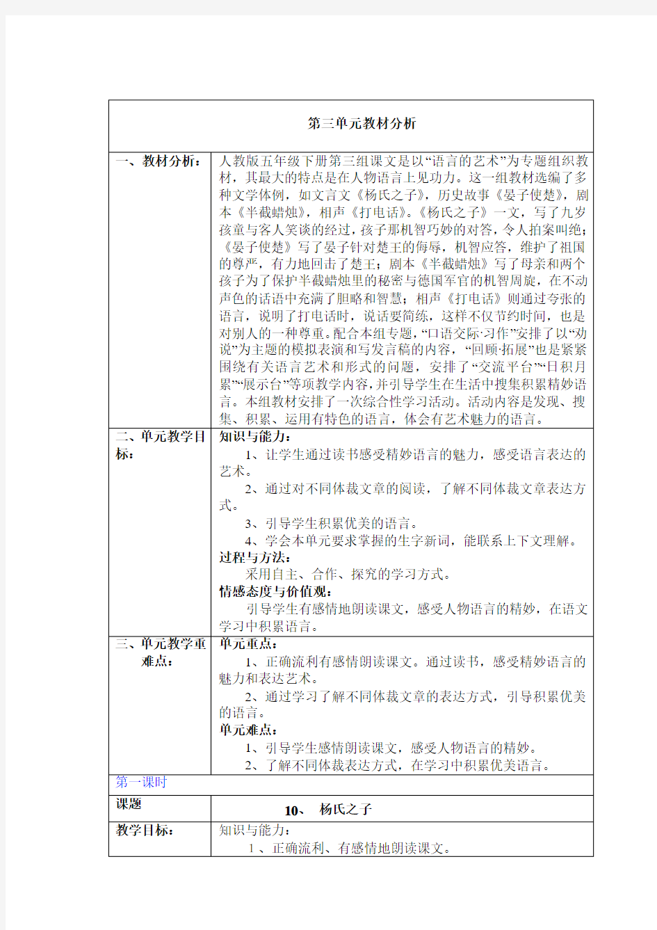 新课标人教版五年级下册杨氏之子、晏子使楚、半截蜡烛表格教案