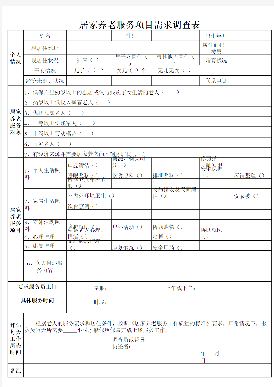 居家养老服务项目需求调查表