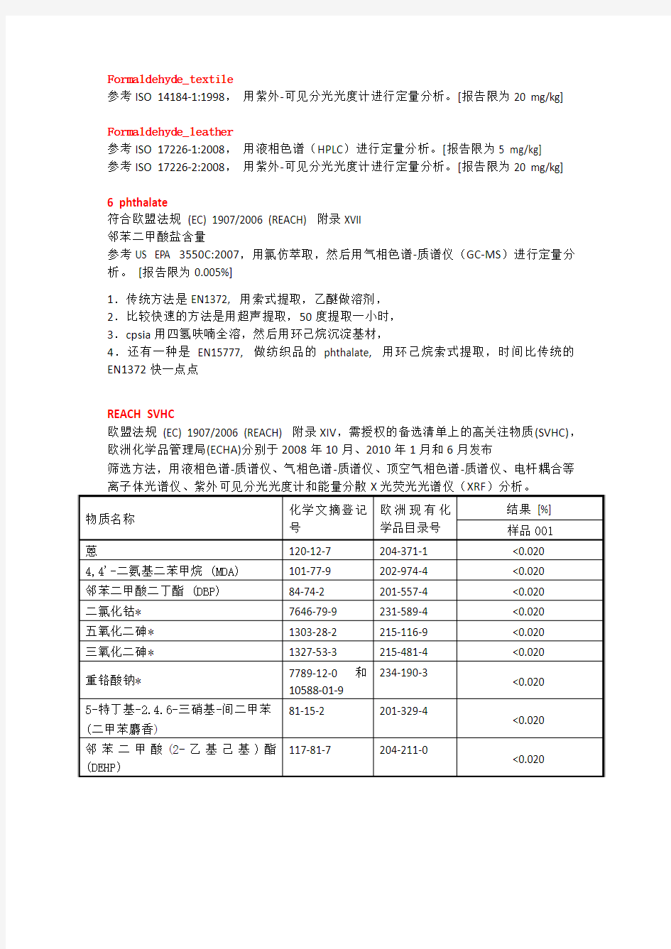 测试项目及方法标准