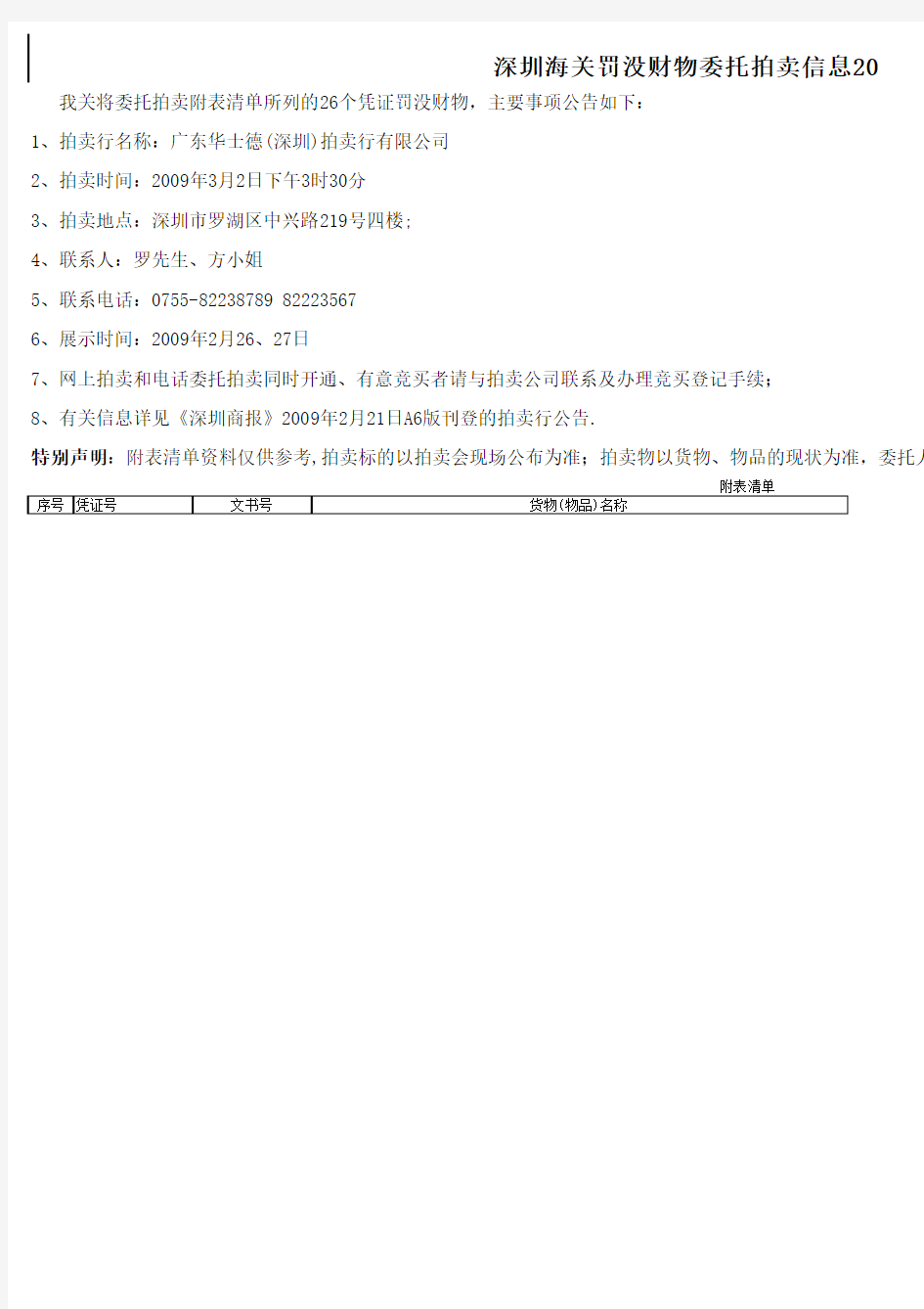 深圳海关罚没财物委托拍卖信息2009第12号