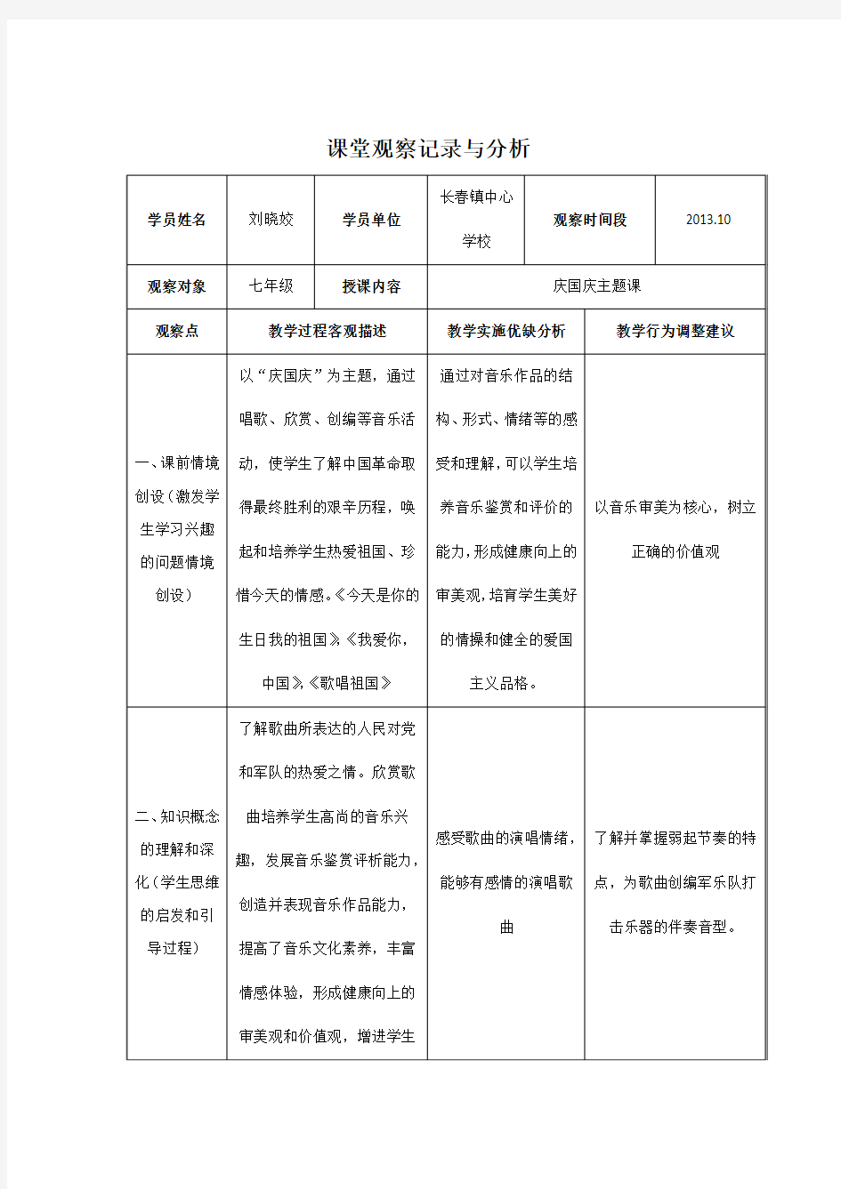 初中音乐课堂观察记录与分析 刘晓姣