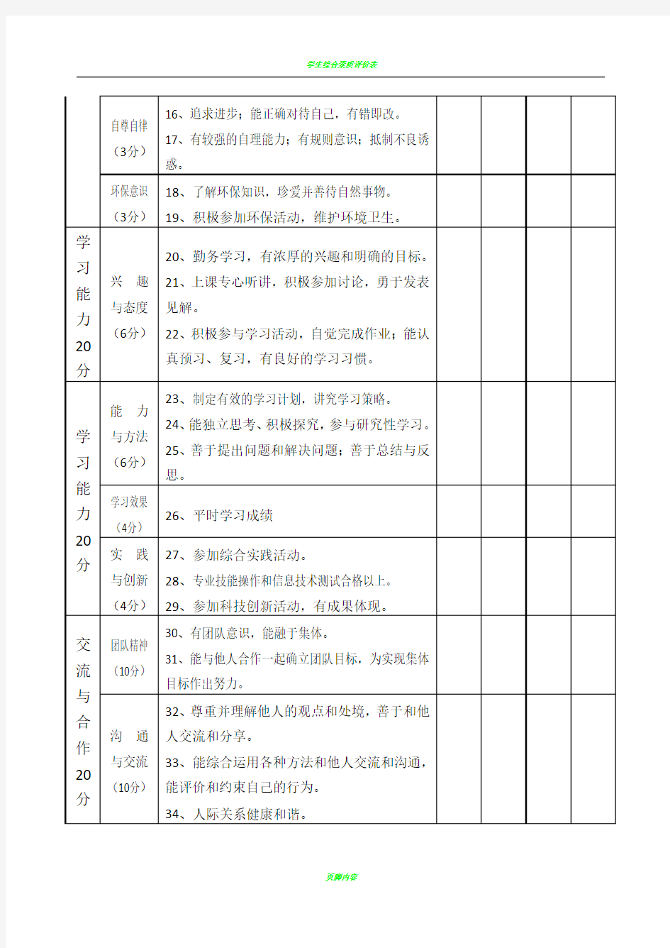 学生综合素质评价记录表