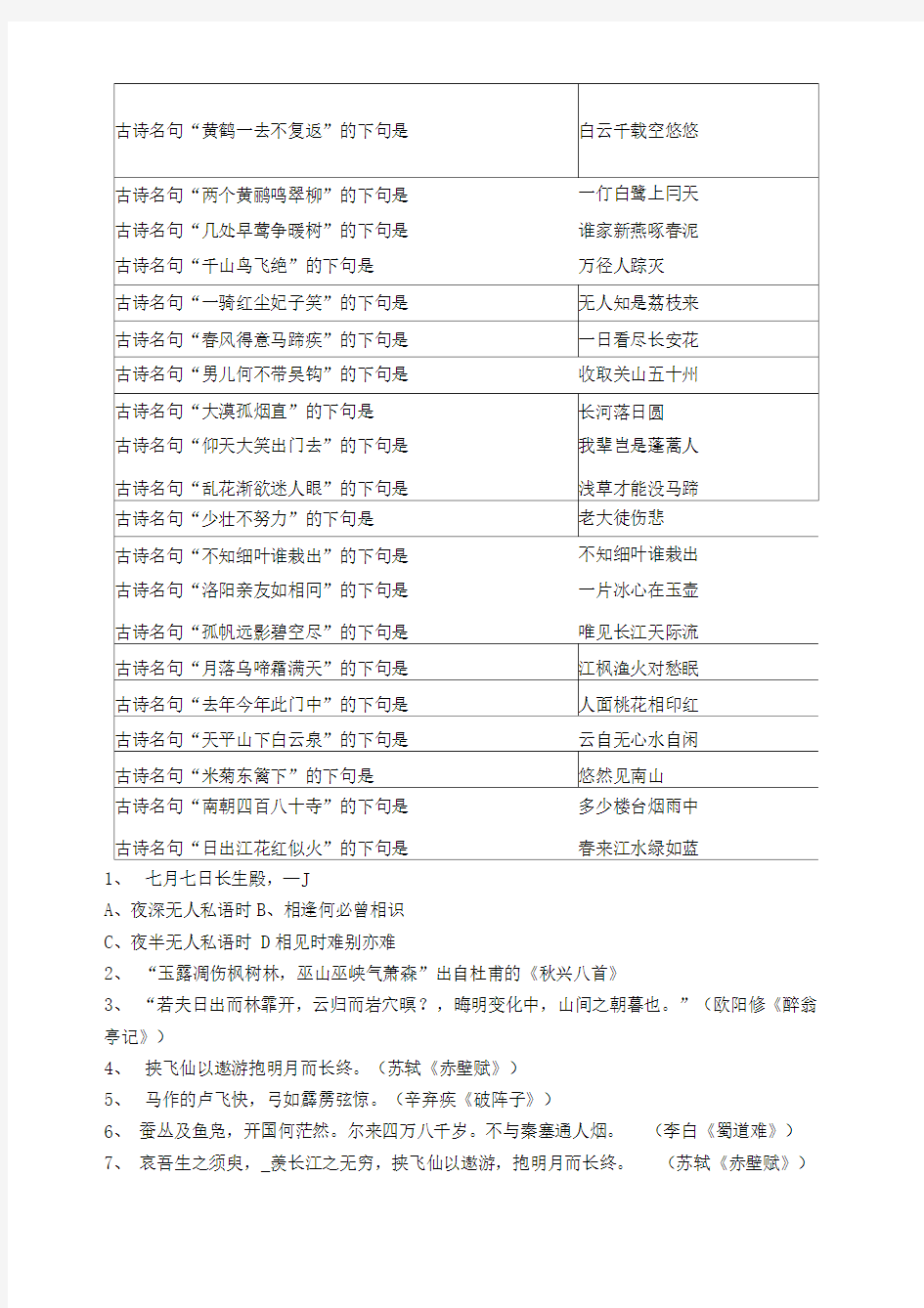 中华文化传统知识竞赛题库古诗词对答