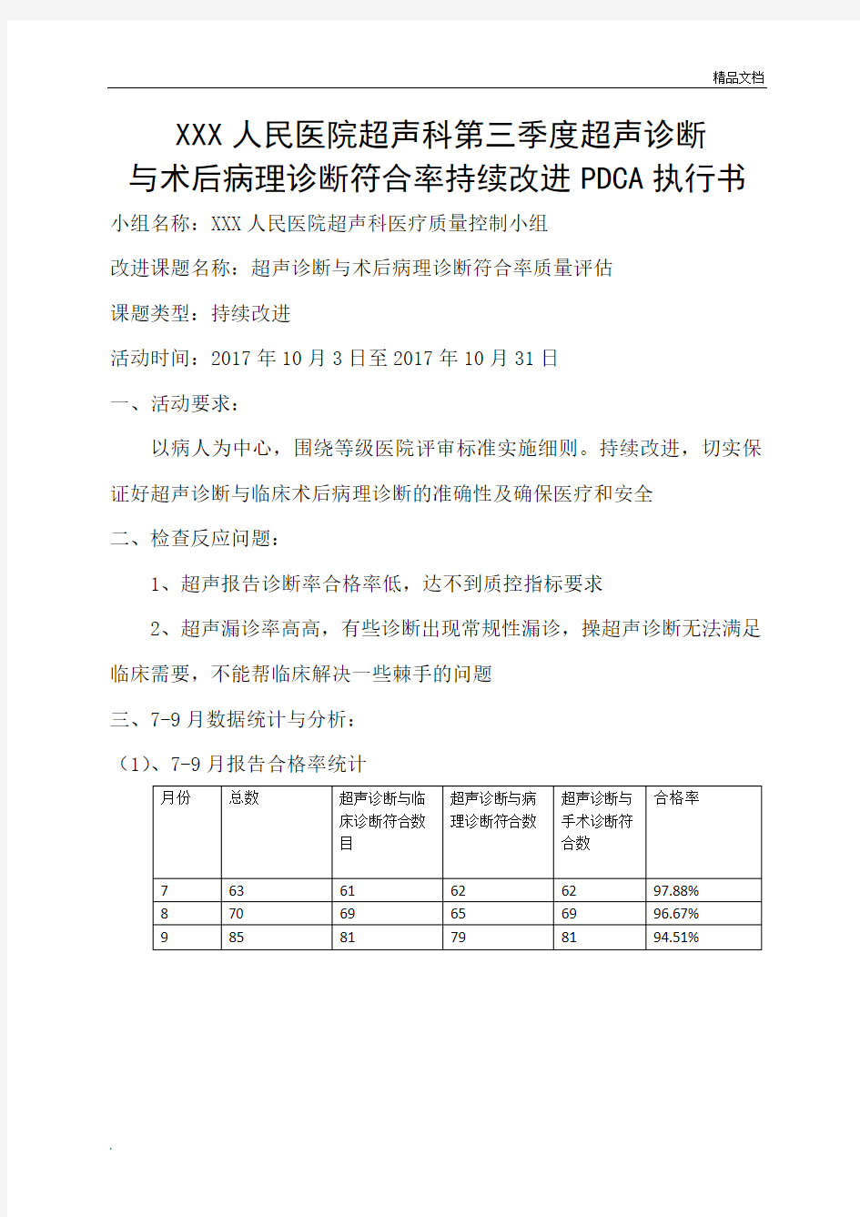 超声科第三季度超声诊断与术后病理诊断符合率持续改进