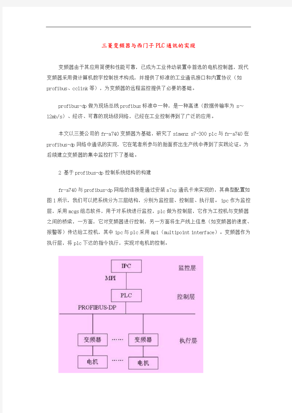 三菱变频器及西门子PLC通讯的实现