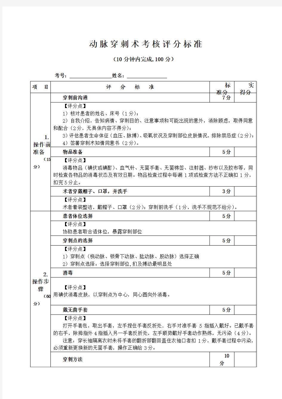 11、动脉穿刺术考核评分标准