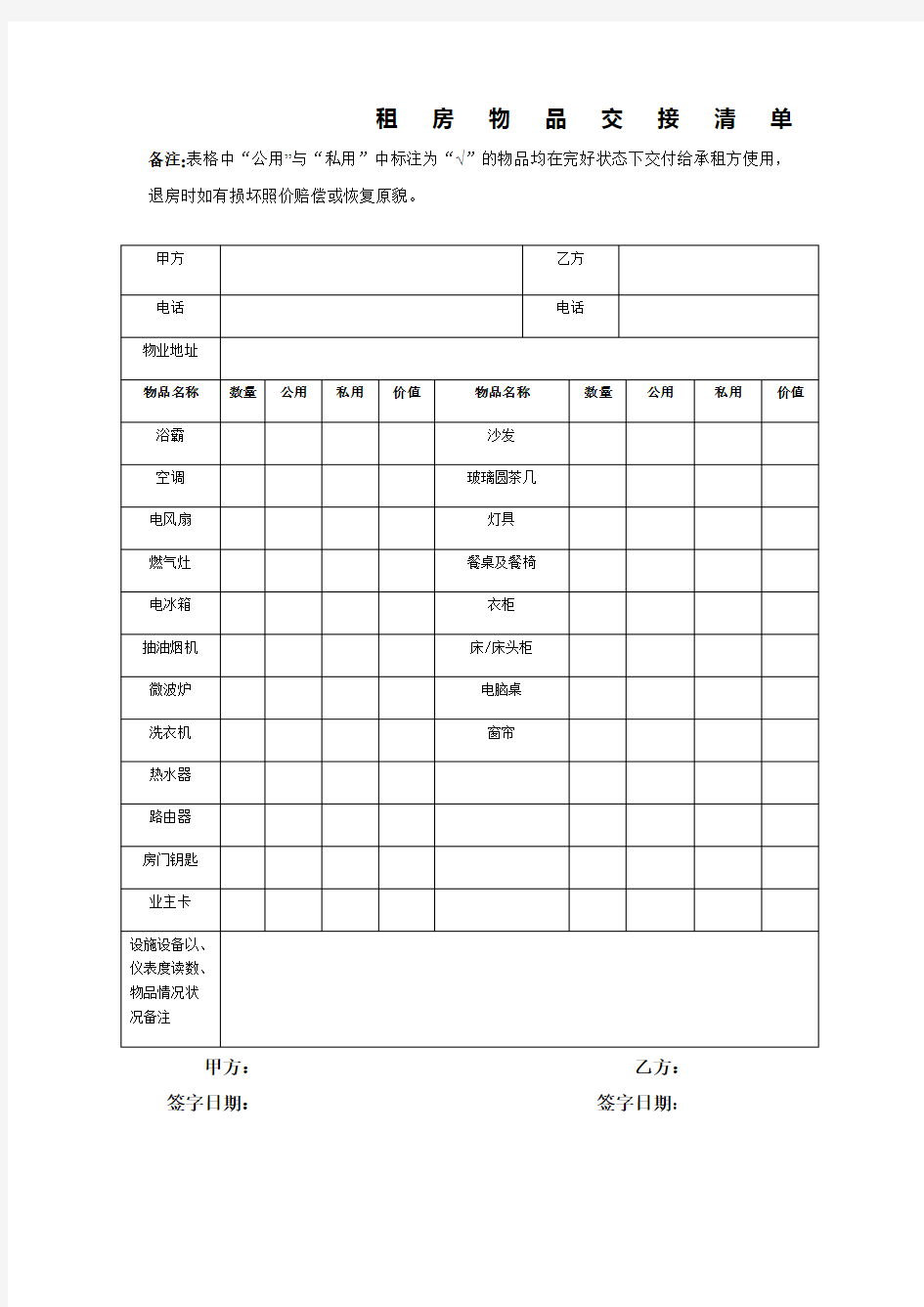 租房物品清单标准版(最新版)