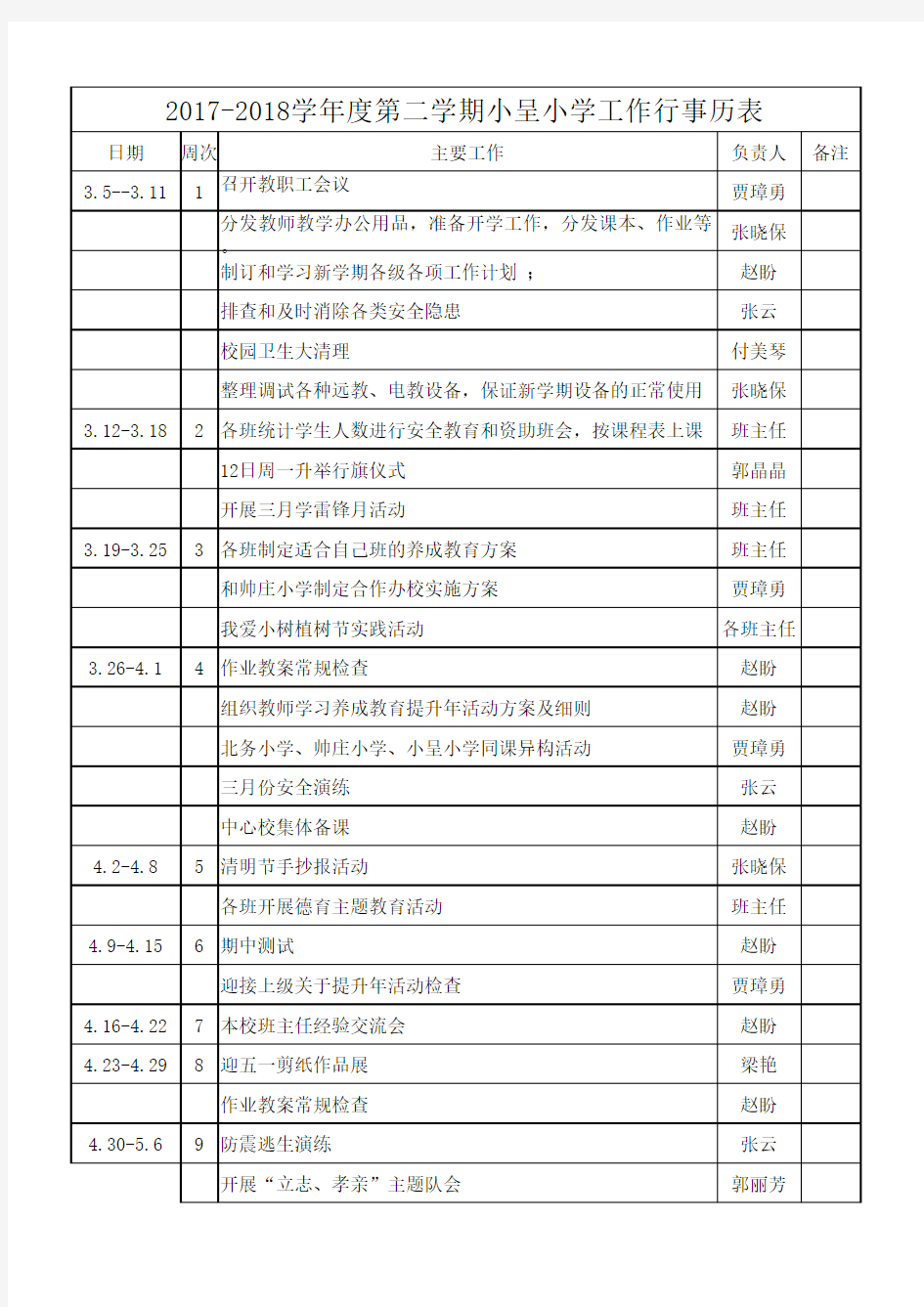 2018年小呈小学工作行事历