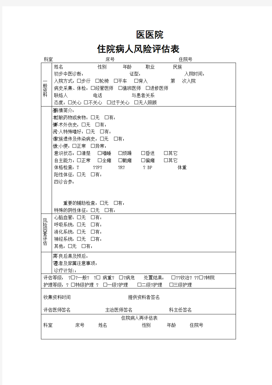 患者病情评估表