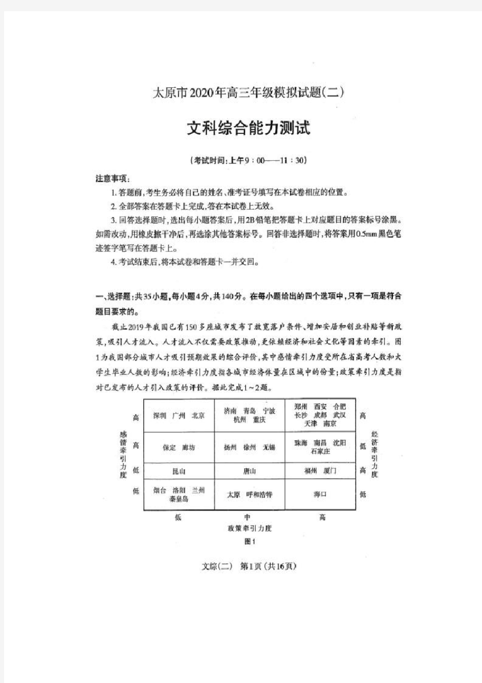 太原市2020高三二模文综试卷(含解析)