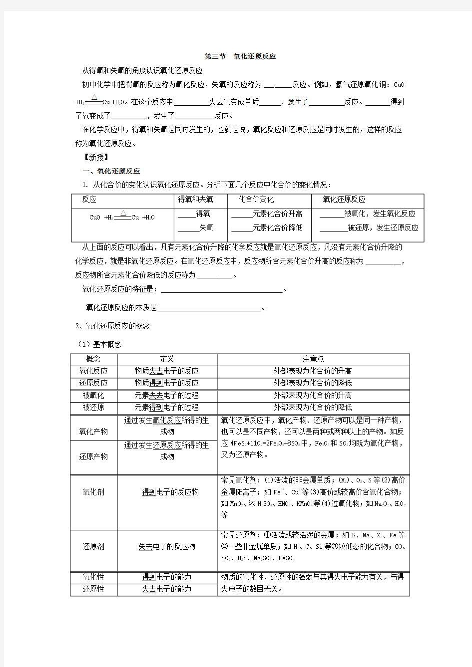 氧化还原反应知识点及练习