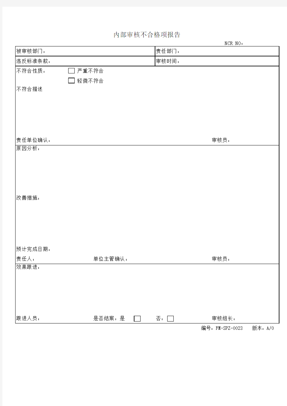 内部审核不合格项报告