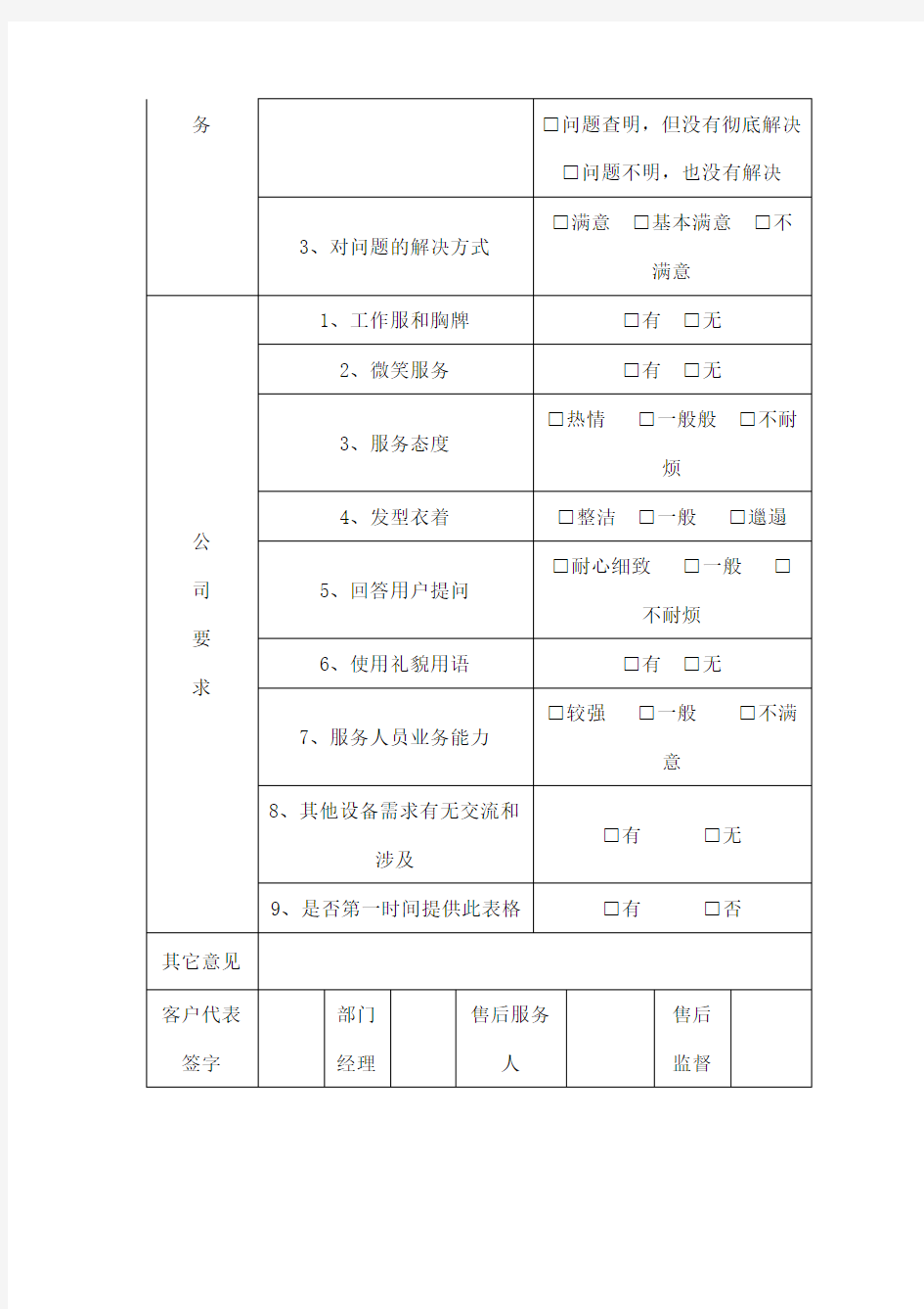 工程及售后服务质量反馈表