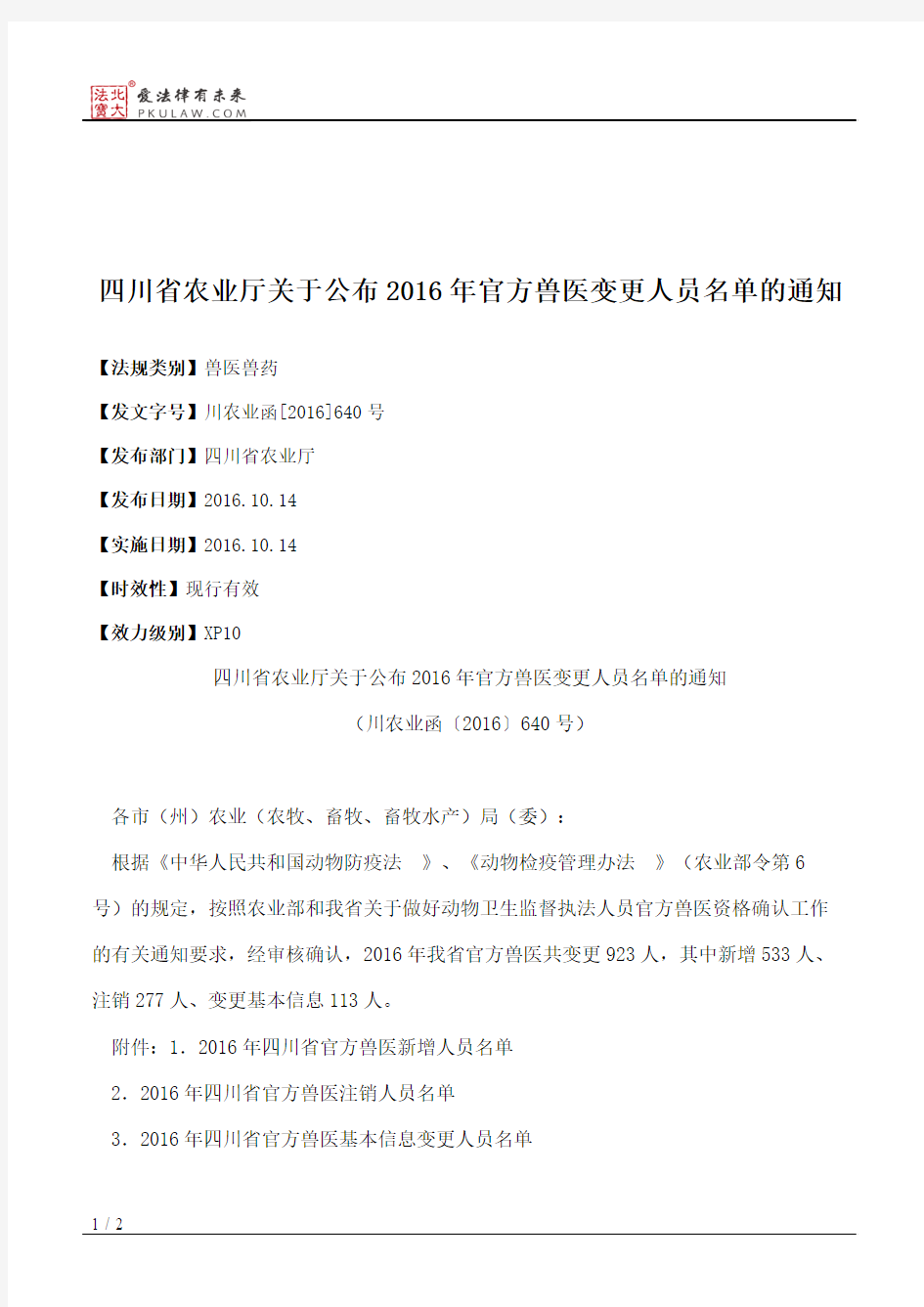 四川省农业厅关于公布2016年官方兽医变更人员名单的通知