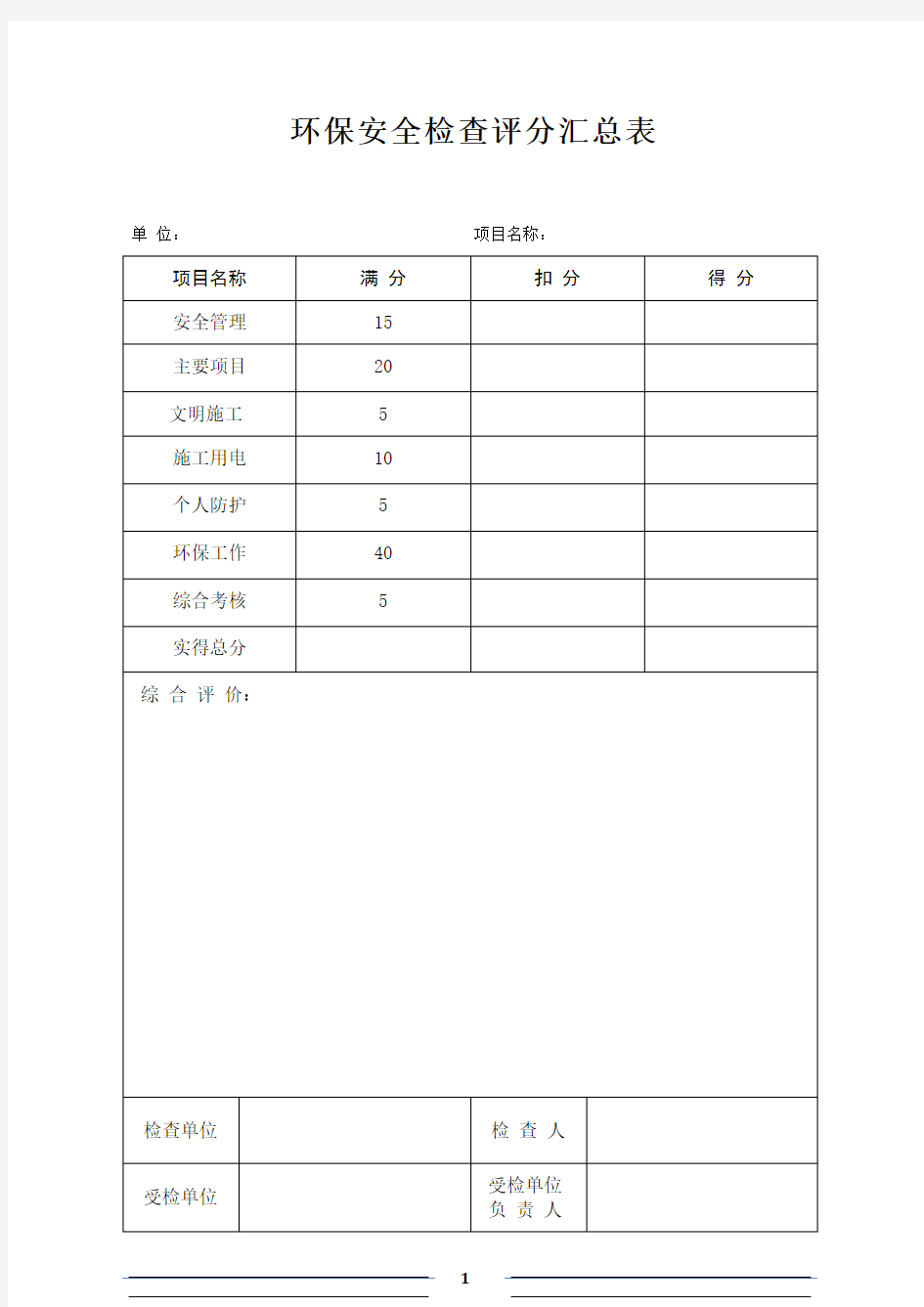 环保安全检查考核评分表