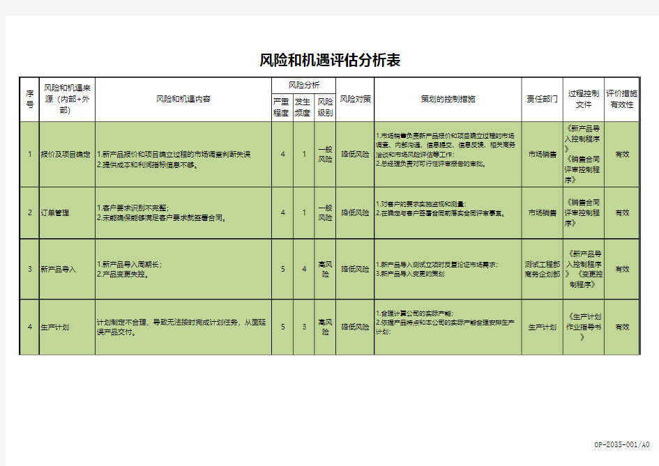 风险和机遇评估分析表