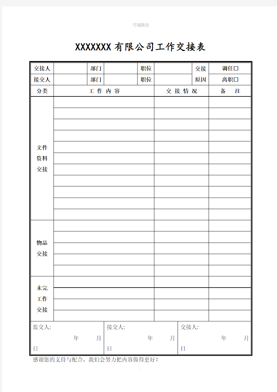 岗位调整工作交接表