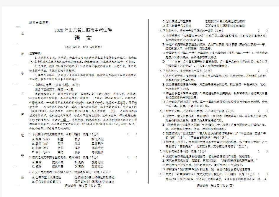 2020年山东省日照中考语文试卷(附答案与解析)