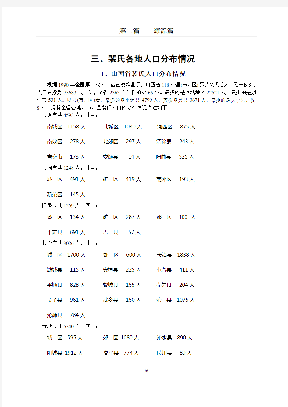 裴氏各地人口分布情况