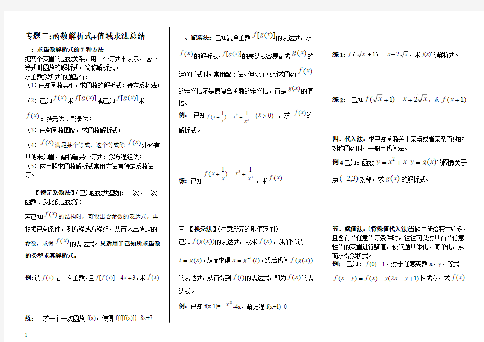 专题二：函数解析式+值域求法总结题