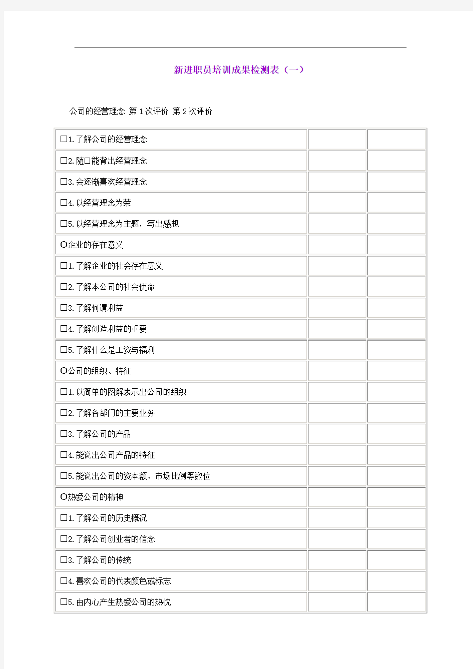 新进职员培训成果检测表一精修订