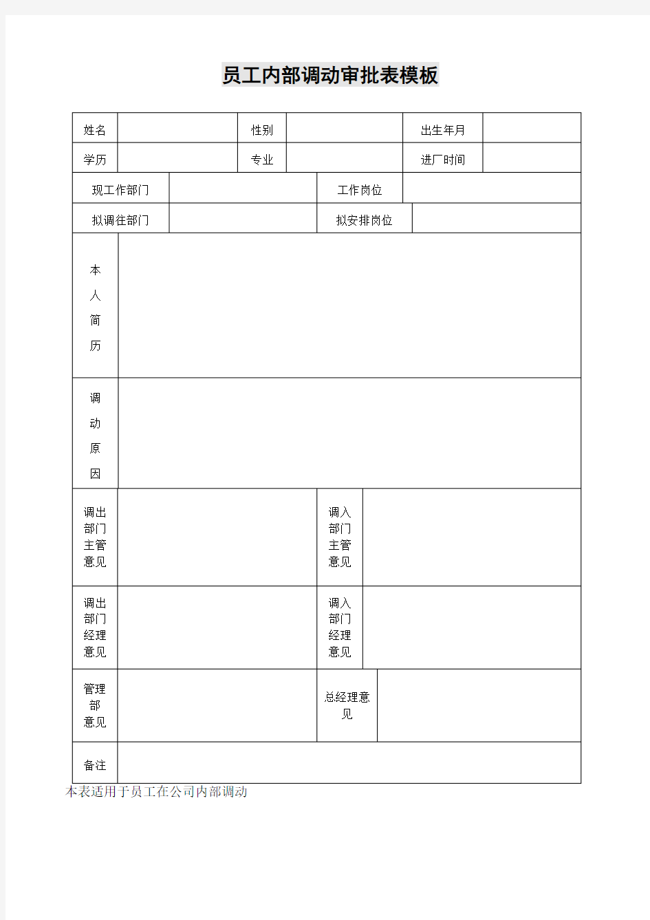 员工内部调动审批表模板