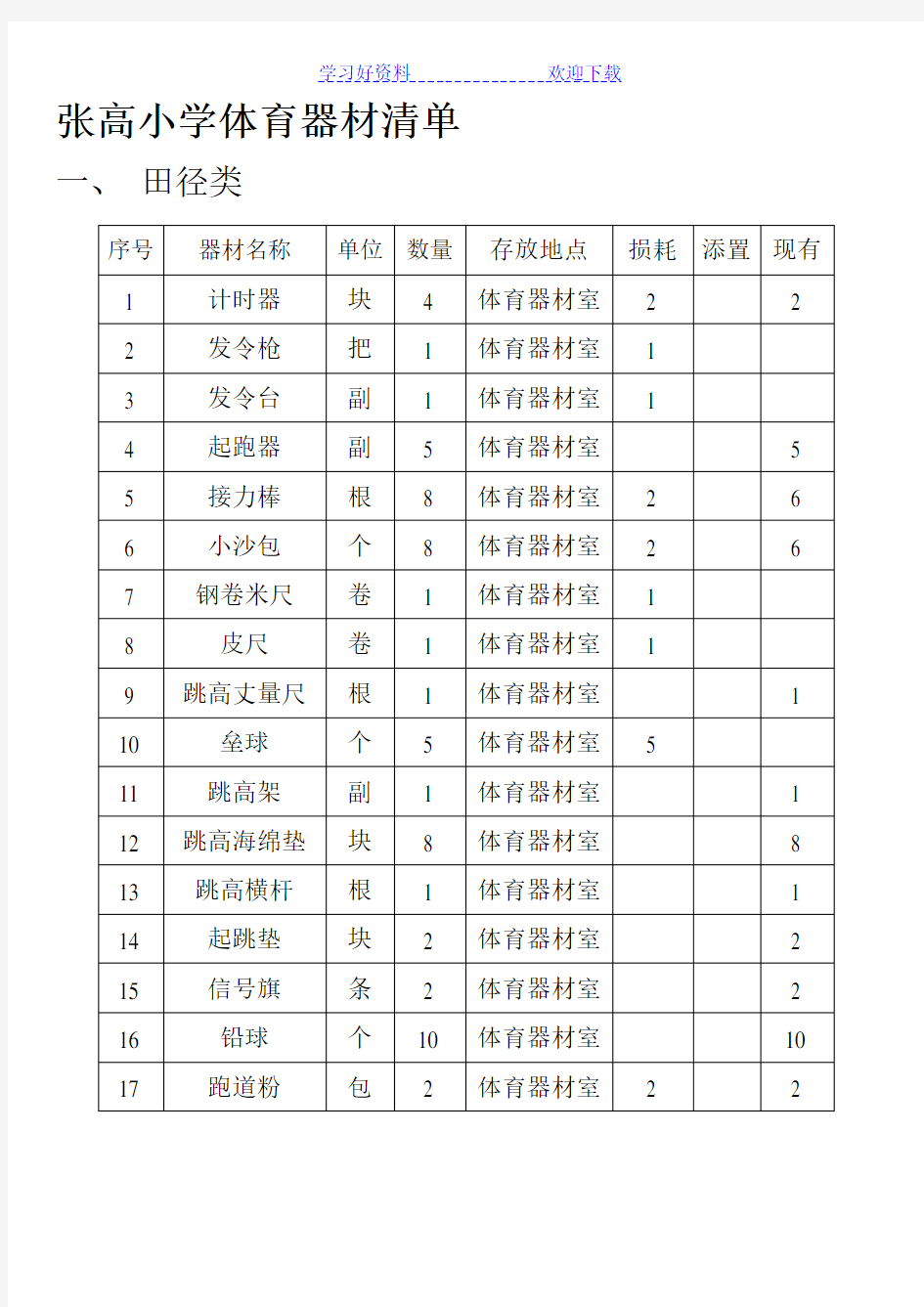 小学体育器材清单