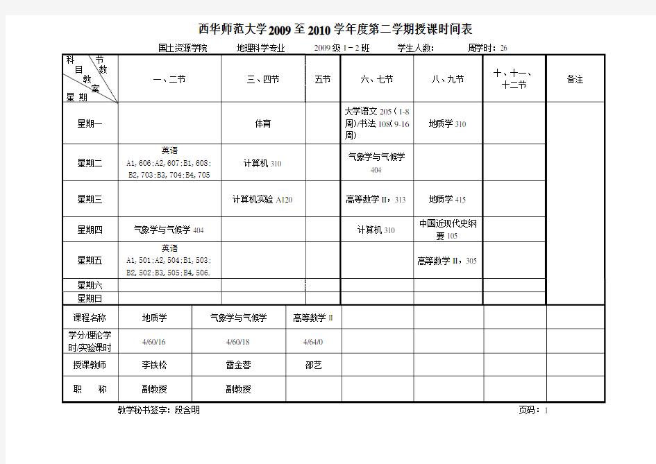 西华师范大学2009至2010学年度第二学期授课时间表资料