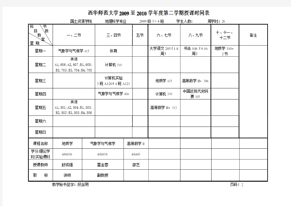 西华师范大学2009至2010学年度第二学期授课时间表资料