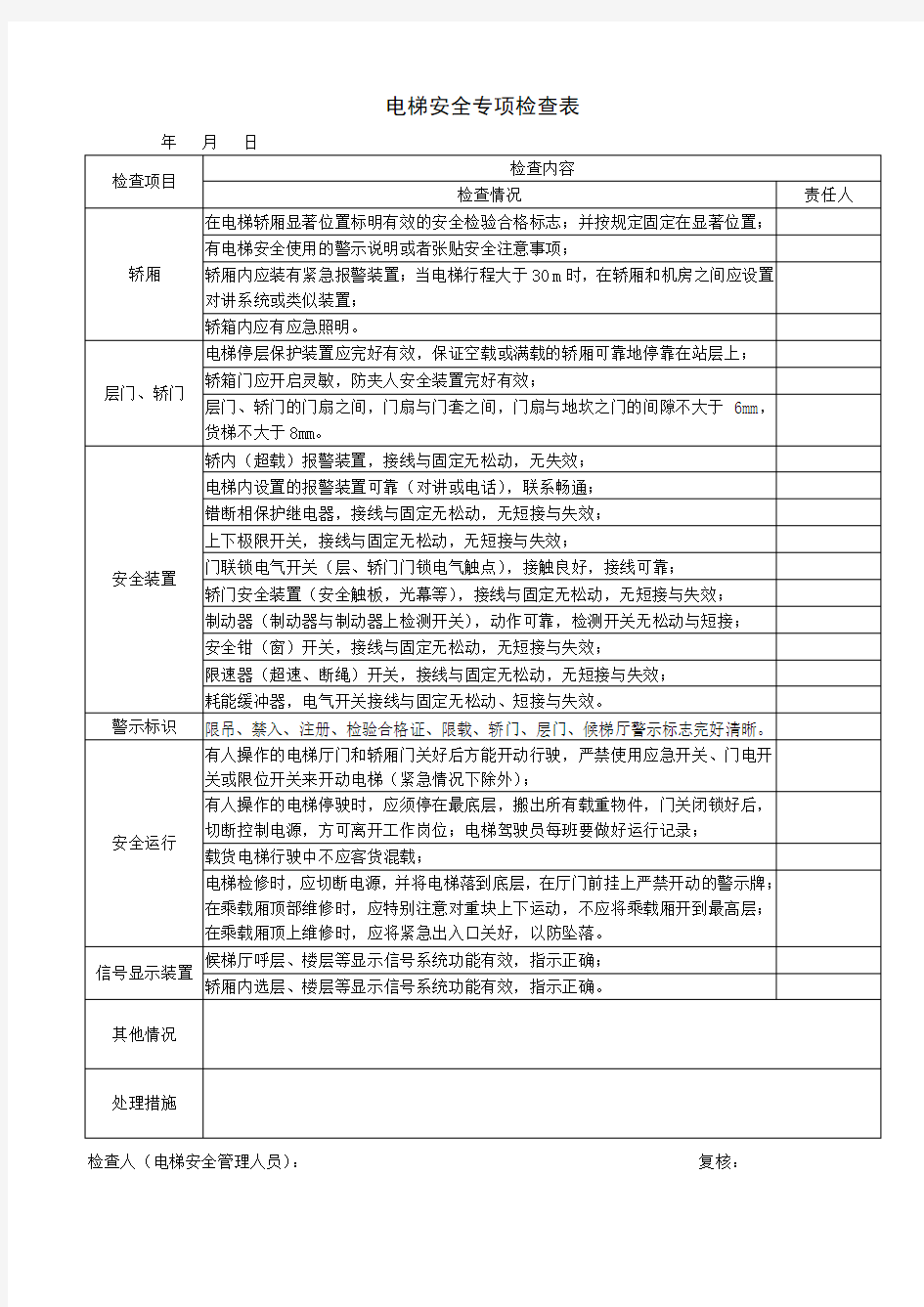 电梯日常安全检查表