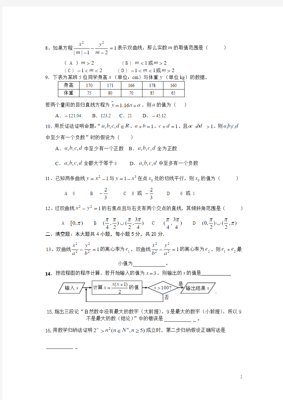 高中数学选修1-1,1-2综合测试题