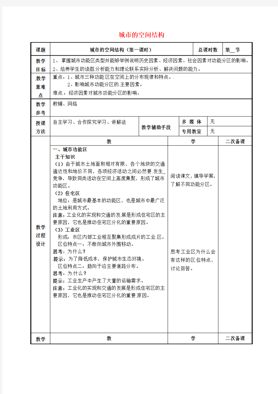 江苏省徐州市贾汪区建平中学2016届高考地理一轮复习第二单元第三节《城市的空间结构(1)》教案(必修2)(新)