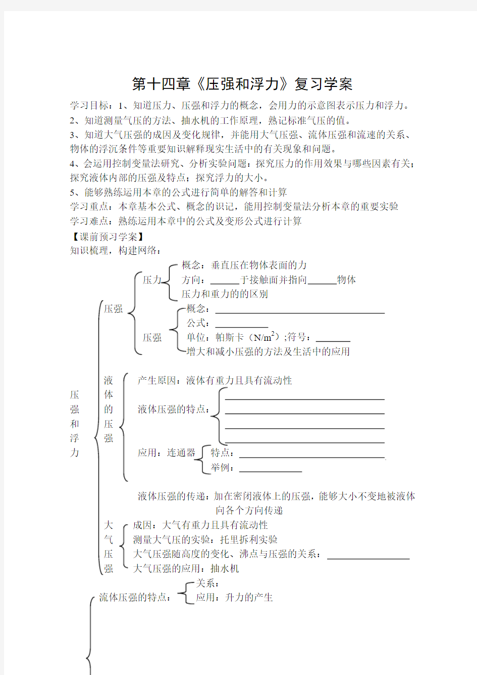 九年级物理第十四章压强和浮力复习学案