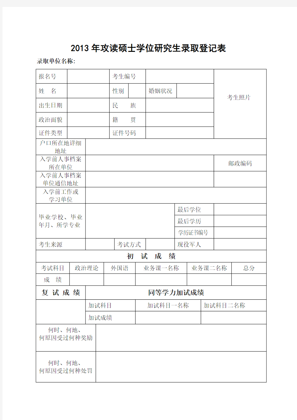 硕士研究生录取登记表