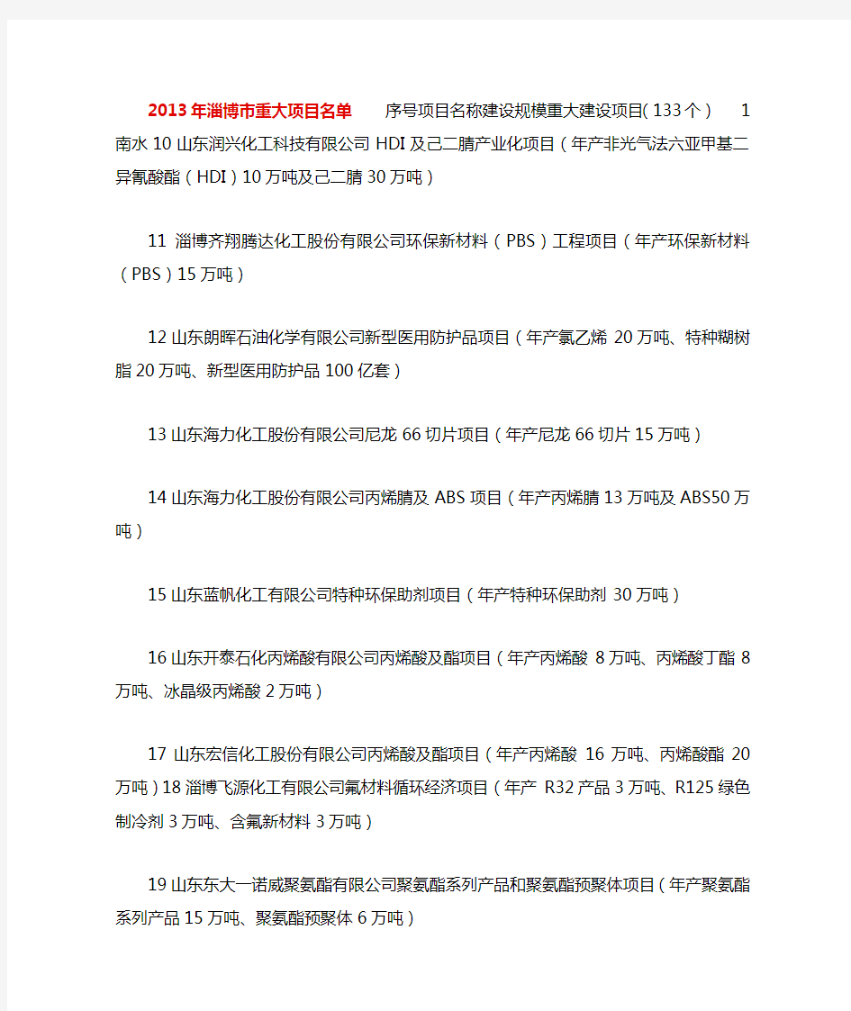 2013年淄博市重大项目名单序号
