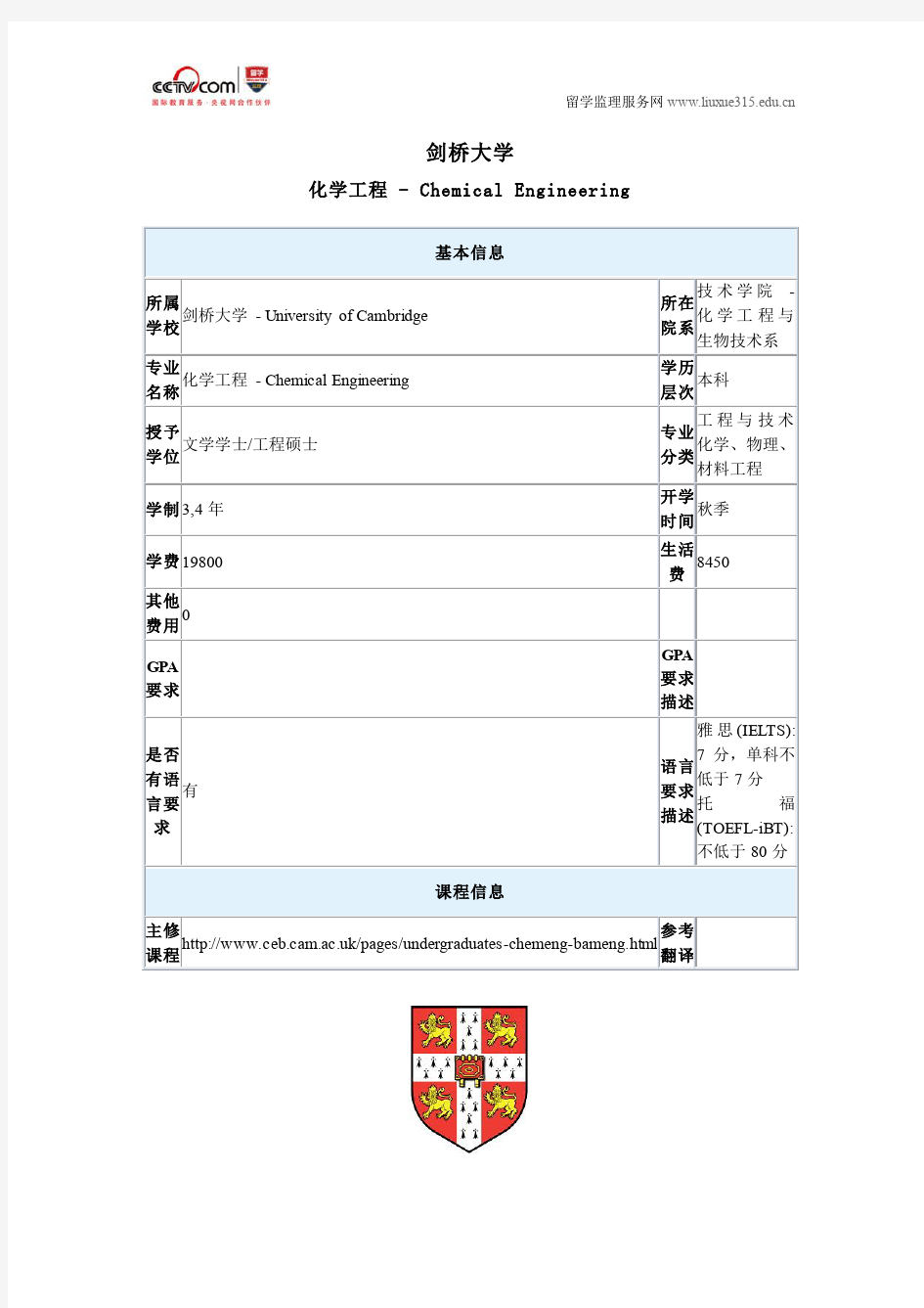 剑桥大学化学工程专业本科