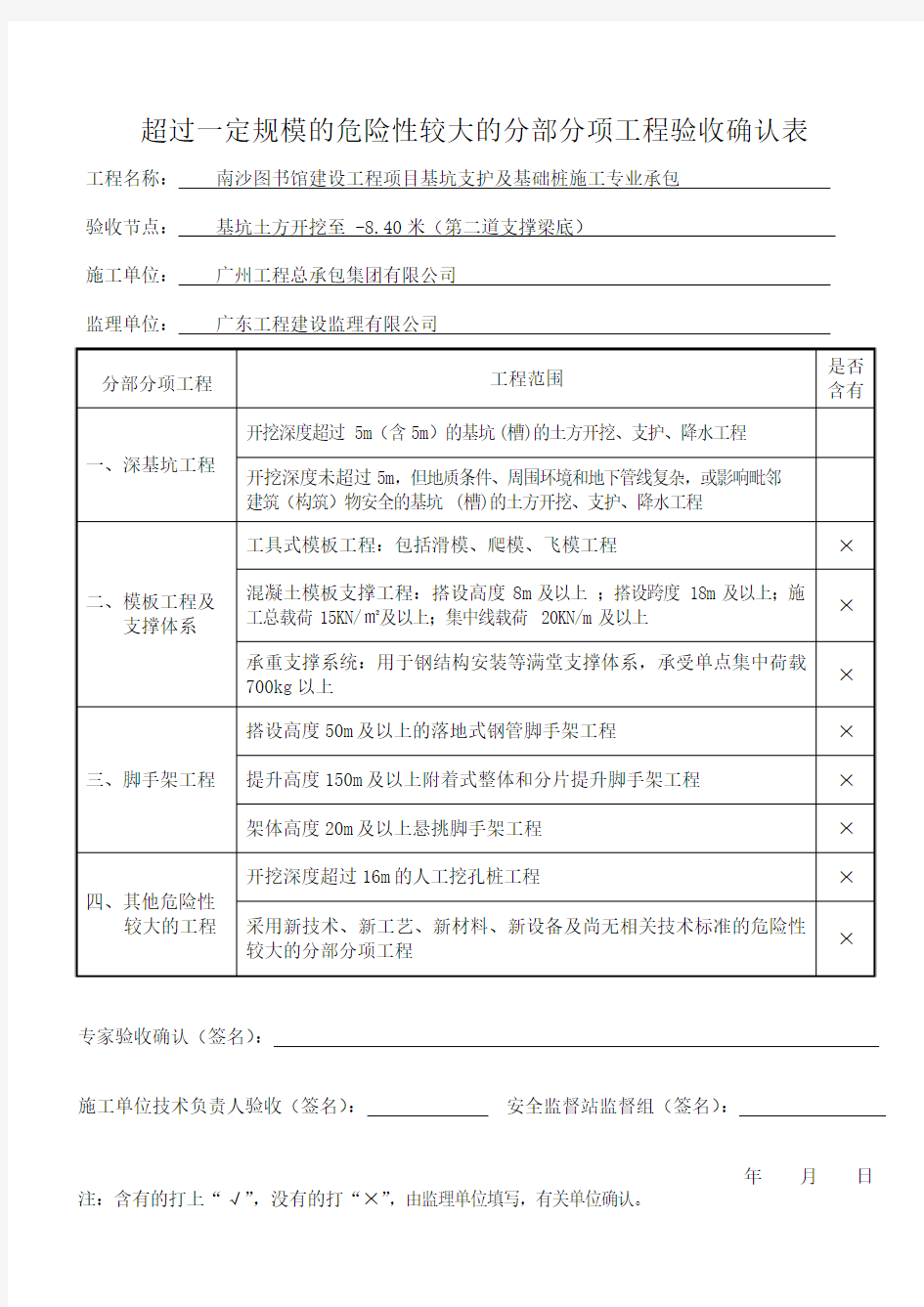 超过一定规模的危险性较大的分部分项工程验收确认表 双确认表