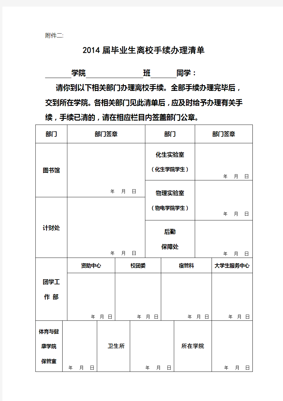 毕业生离校手续办理清单