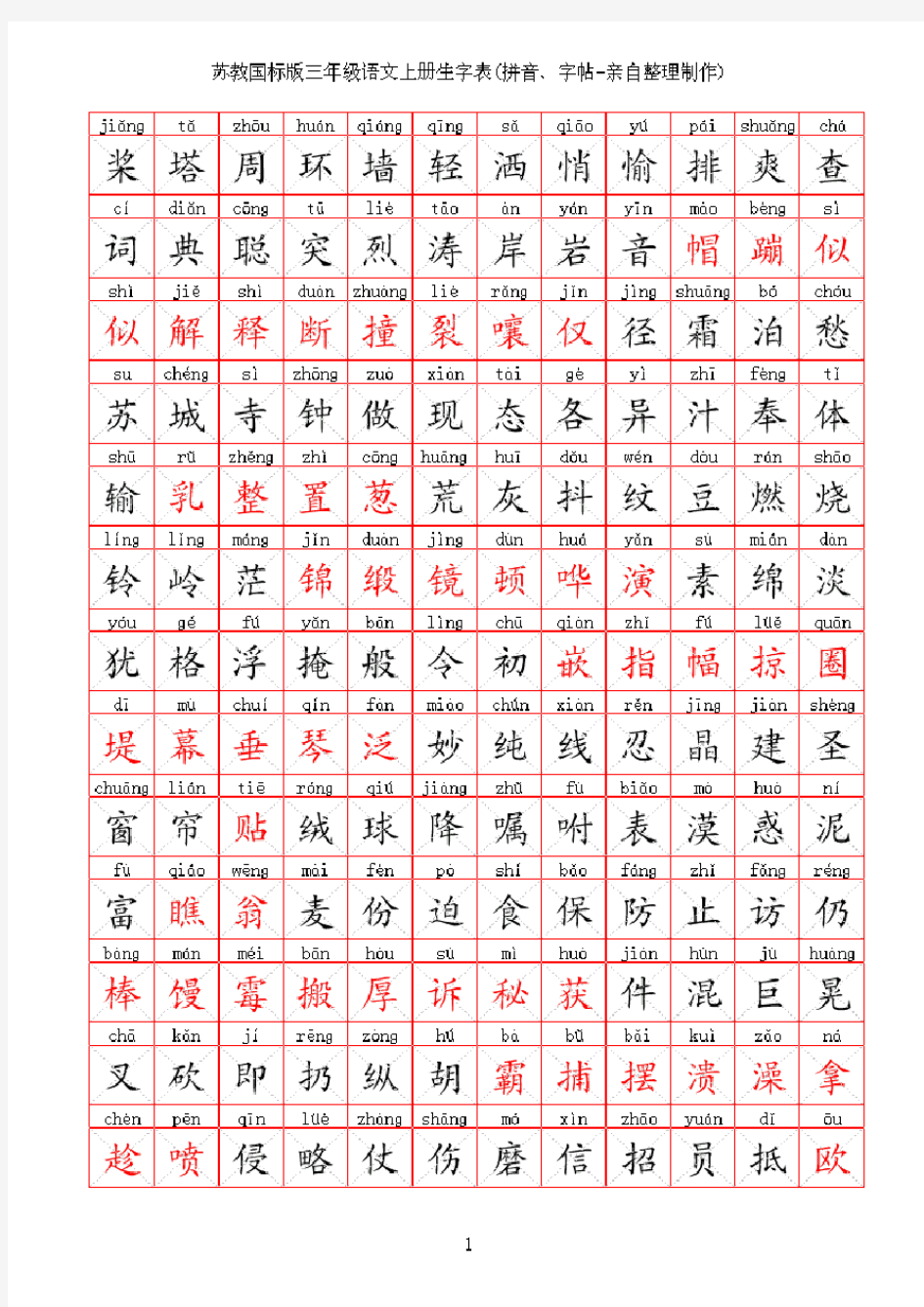 苏教版小学语文三年级生字表(拼音、字帖-亲自整理制作)