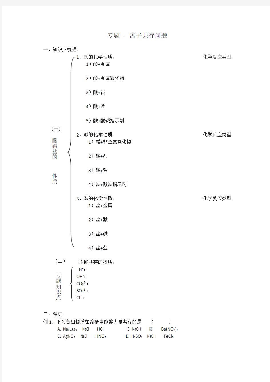 专题一 初中化学离子共存专题