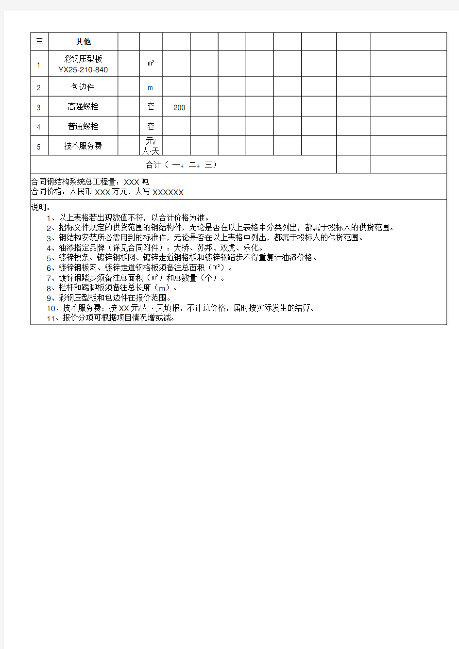 钢结构工程投标报价表