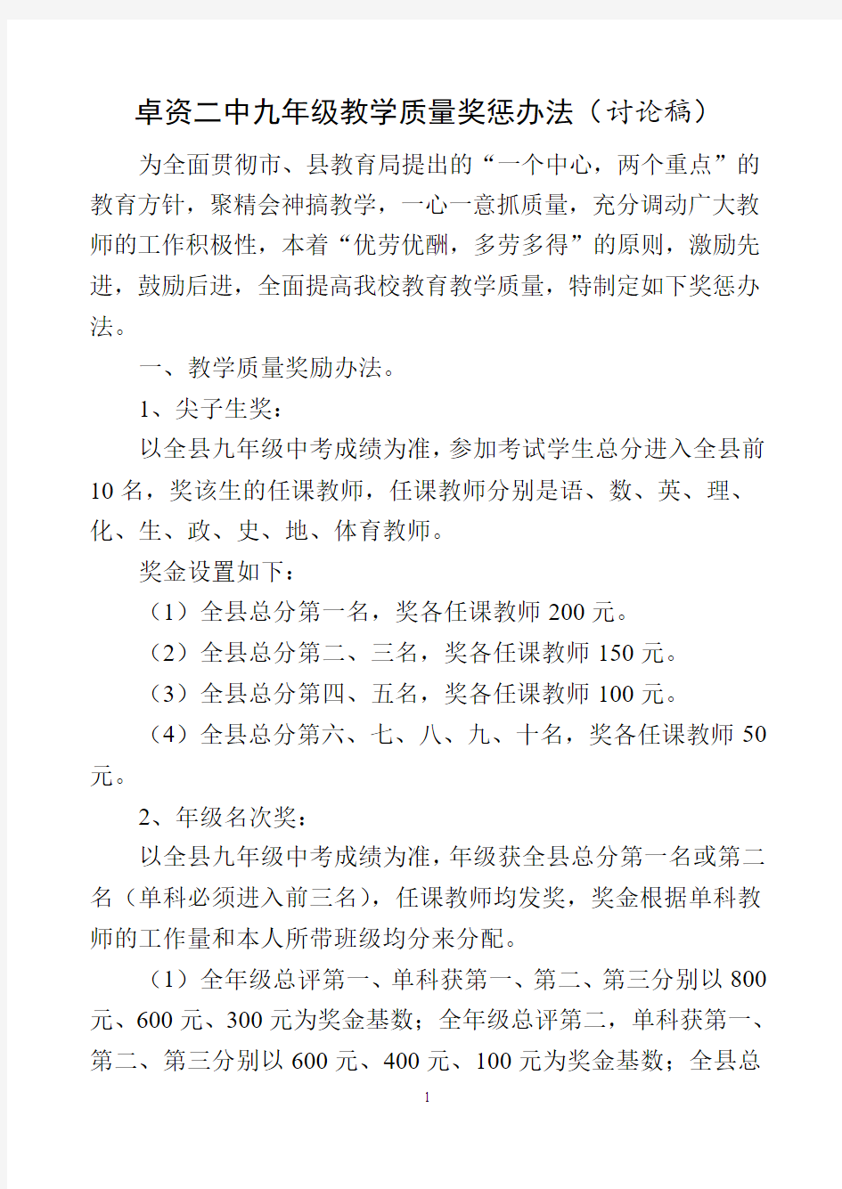 卓资二中九年级教学质量奖惩办法