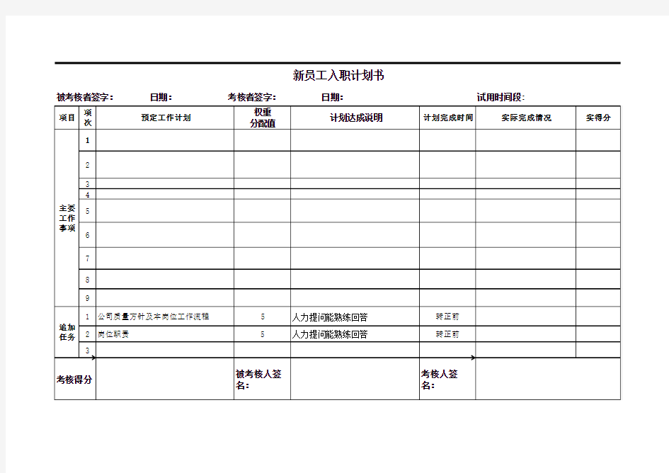 新员工入职计划书